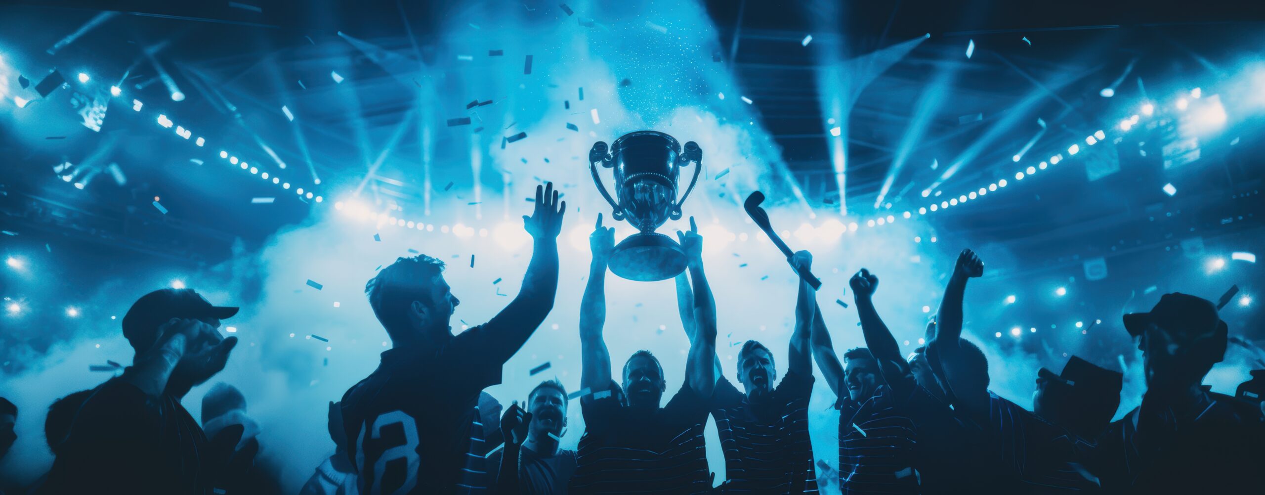 Banner. Team lifts trophy in dramatic, blue-lit stadium filled with smoke and confetti, celebrating their hard-earned victory. Concept of sport, human emotions, celebration, world cup. Ad